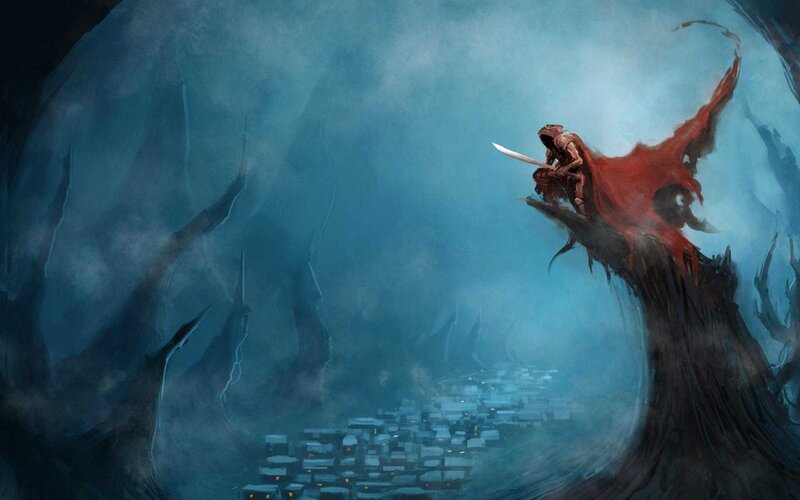 Figure with Red Cloak — Blue, Dramatic