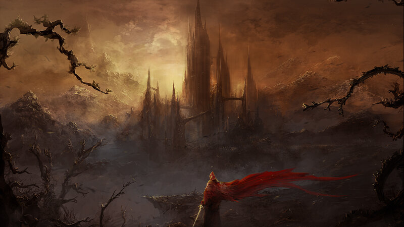 Figure with Red Cloak — Brown, Dramatic