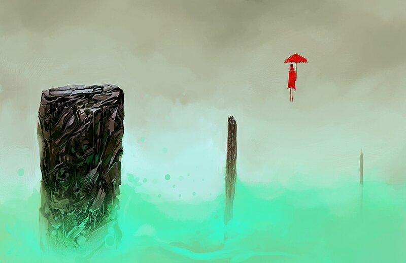 figure with red umbrella floating