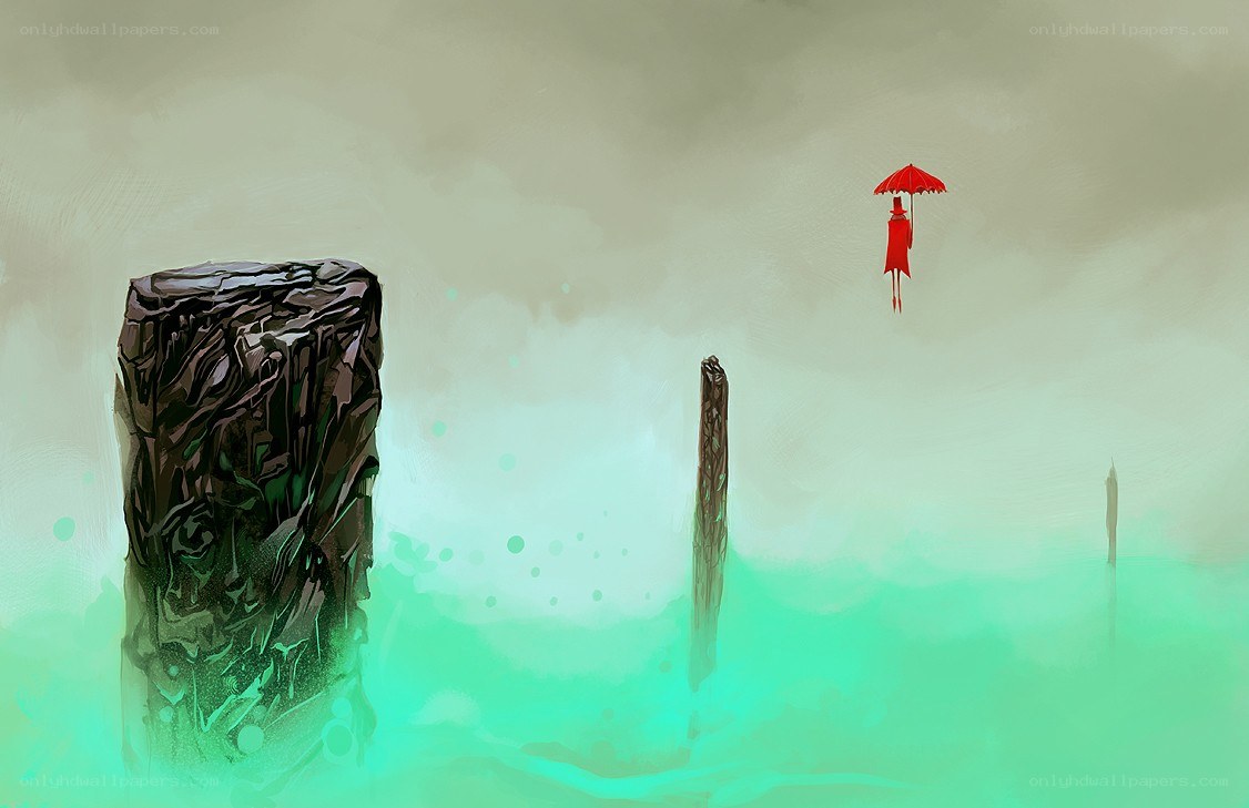 figure with red umbrella floating