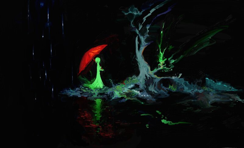 figure with red umbrella in dark forest