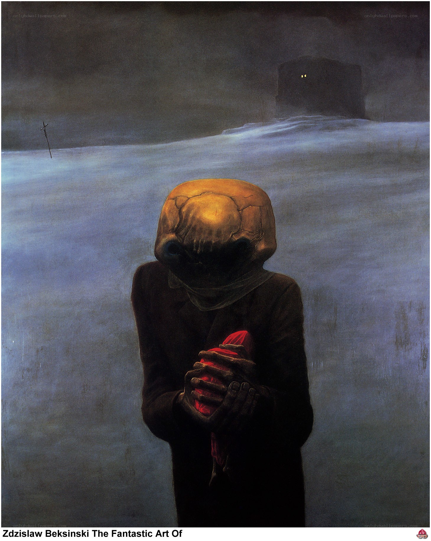 figure with skull head holding red object