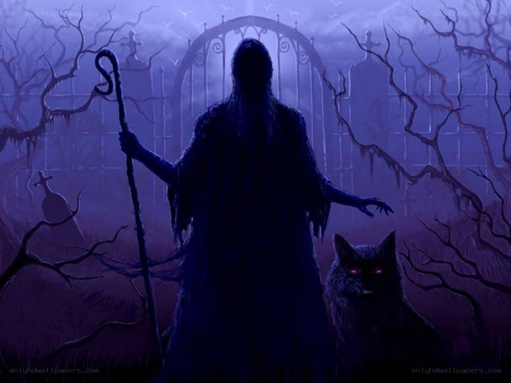 figure with staff and cat in graveyard