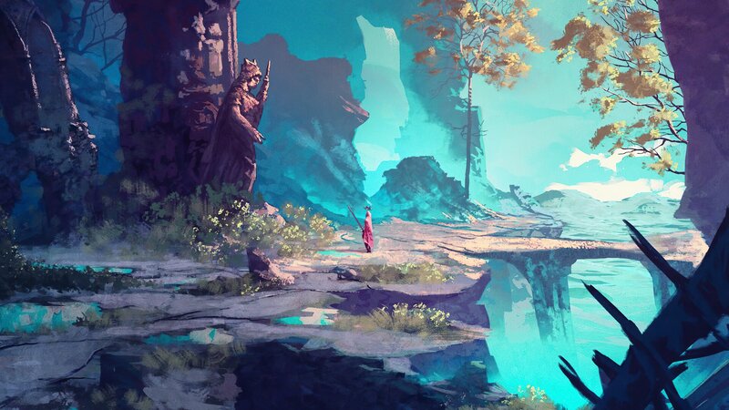 Figure with Staff in Canyon — Teal