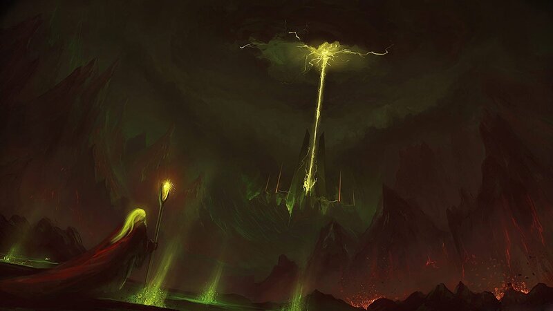 Figure with Staff in Dark Landscape — Green, Dramatic, Night