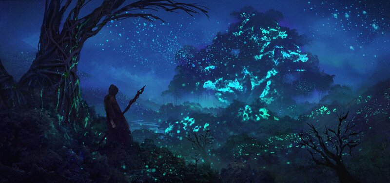 Figure with Staff in Forest — Blue, Mystical