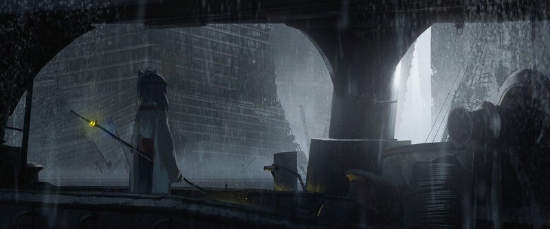 Figure with Staff in Rain