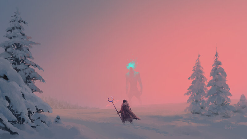 Figure with Staff in Snow — Pink