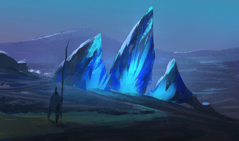 Figure with Staff Near Crystals