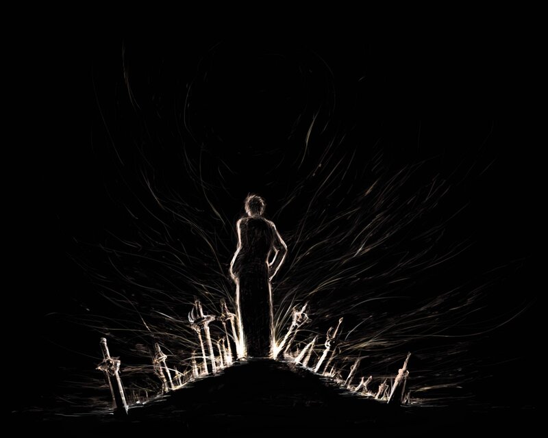 figure with swords in dark