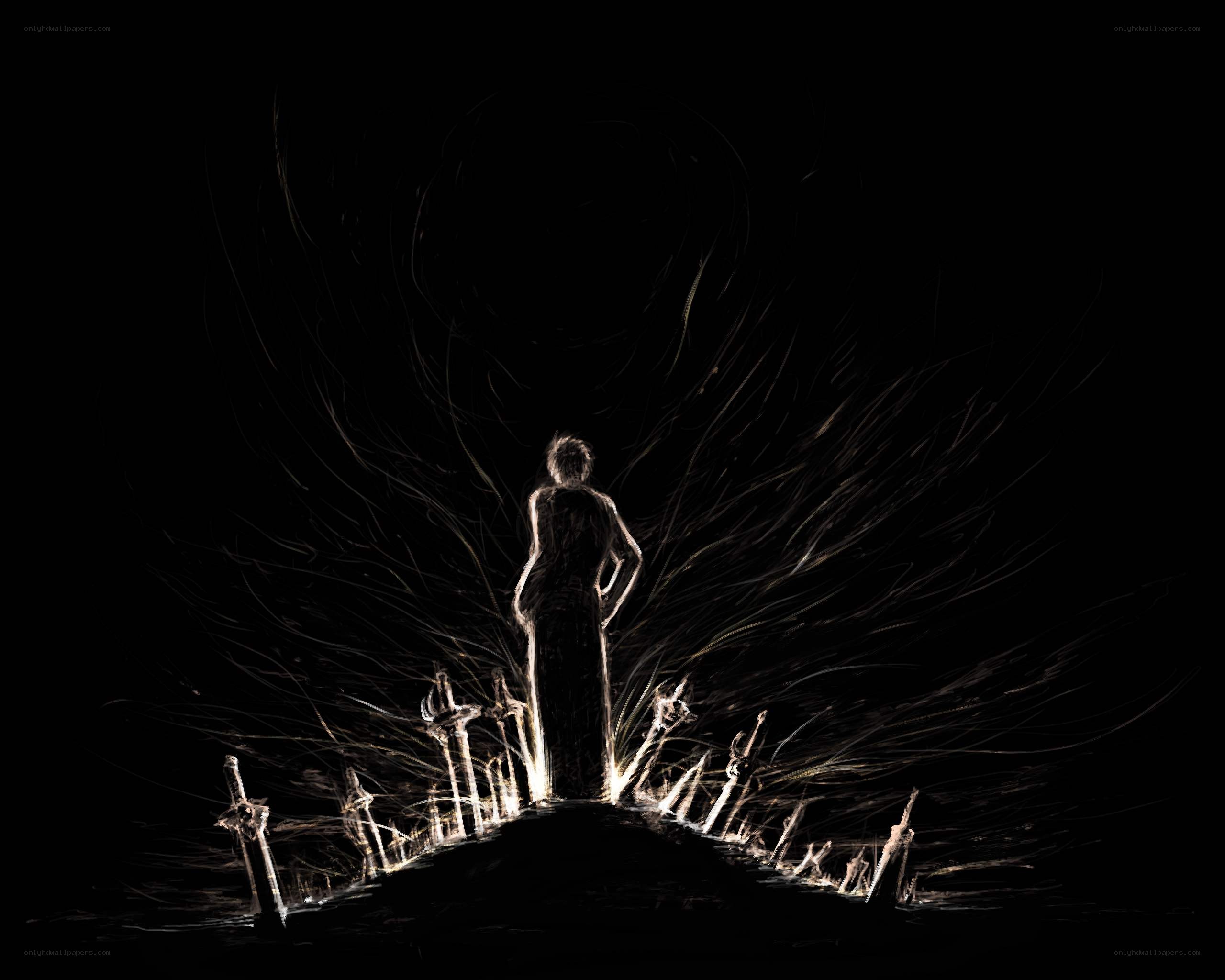 figure with swords in dark