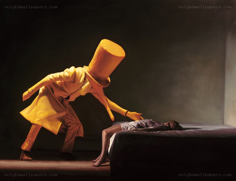 Figure with top hat leans over bed
