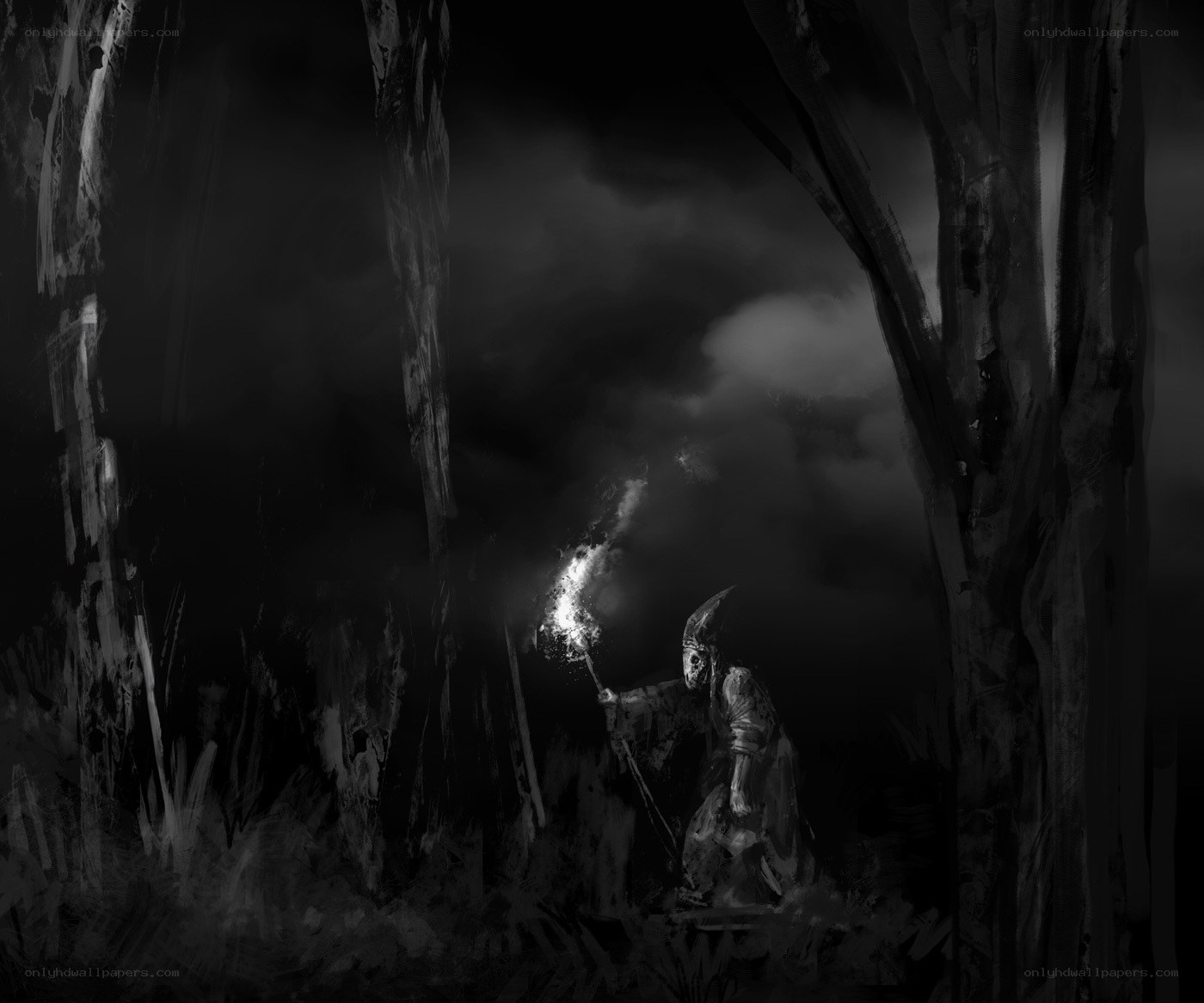 figure with torch in dark forest
