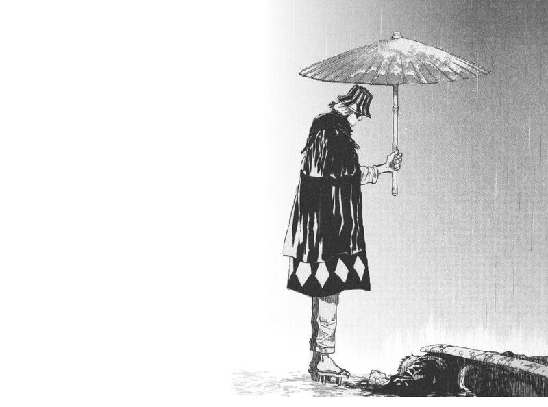 figure with umbrella in rain