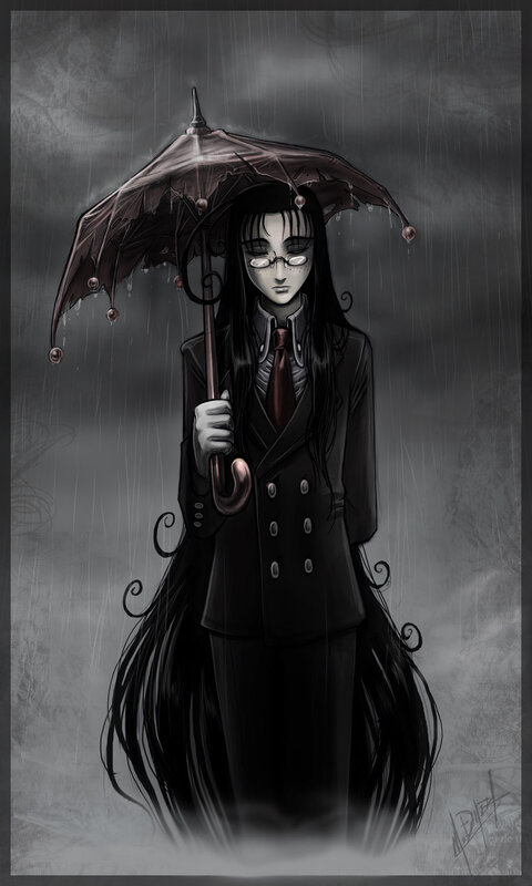 figure with umbrella in rain