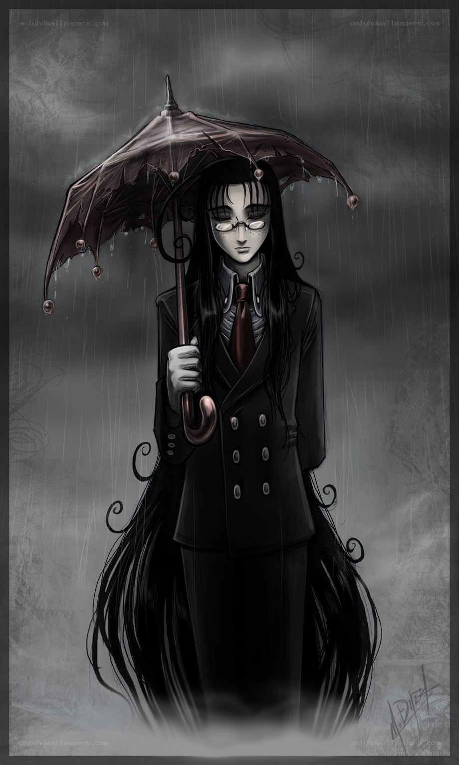 figure with umbrella in rain