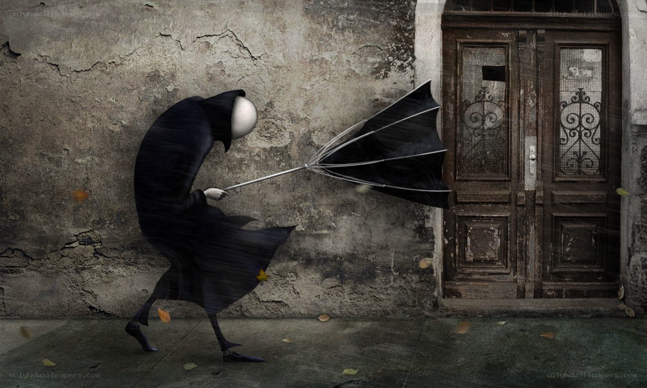 figure with umbrella in wind