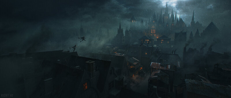 Figures Flying over City