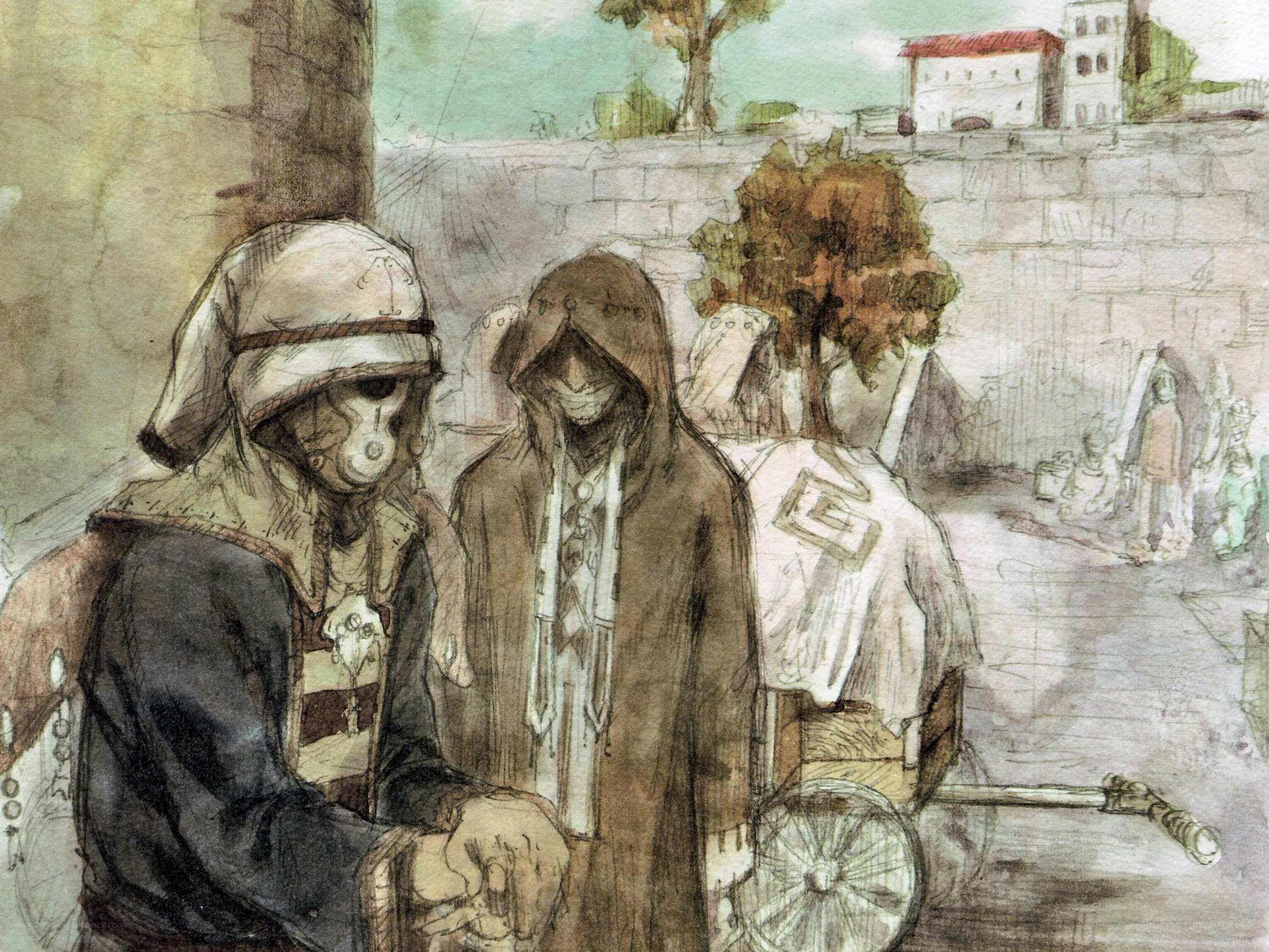 figures in hooded cloaks