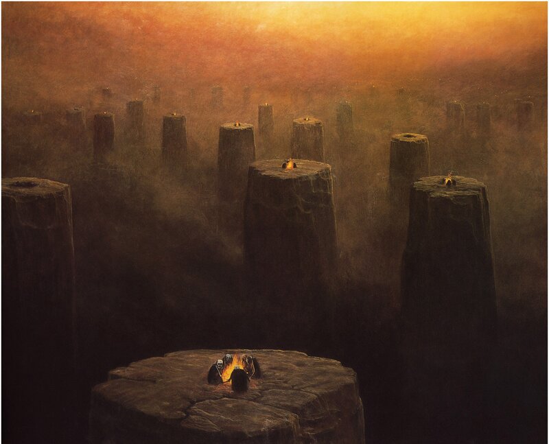 Figures on Stone Pillars — Brown
