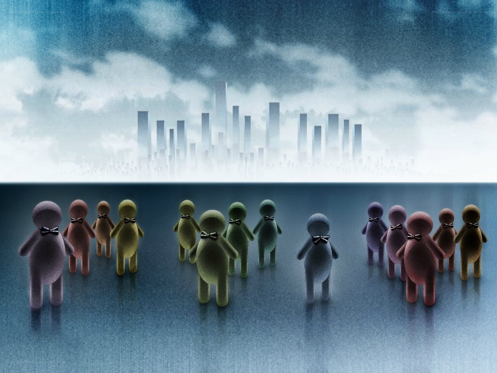 Figurines facing a city