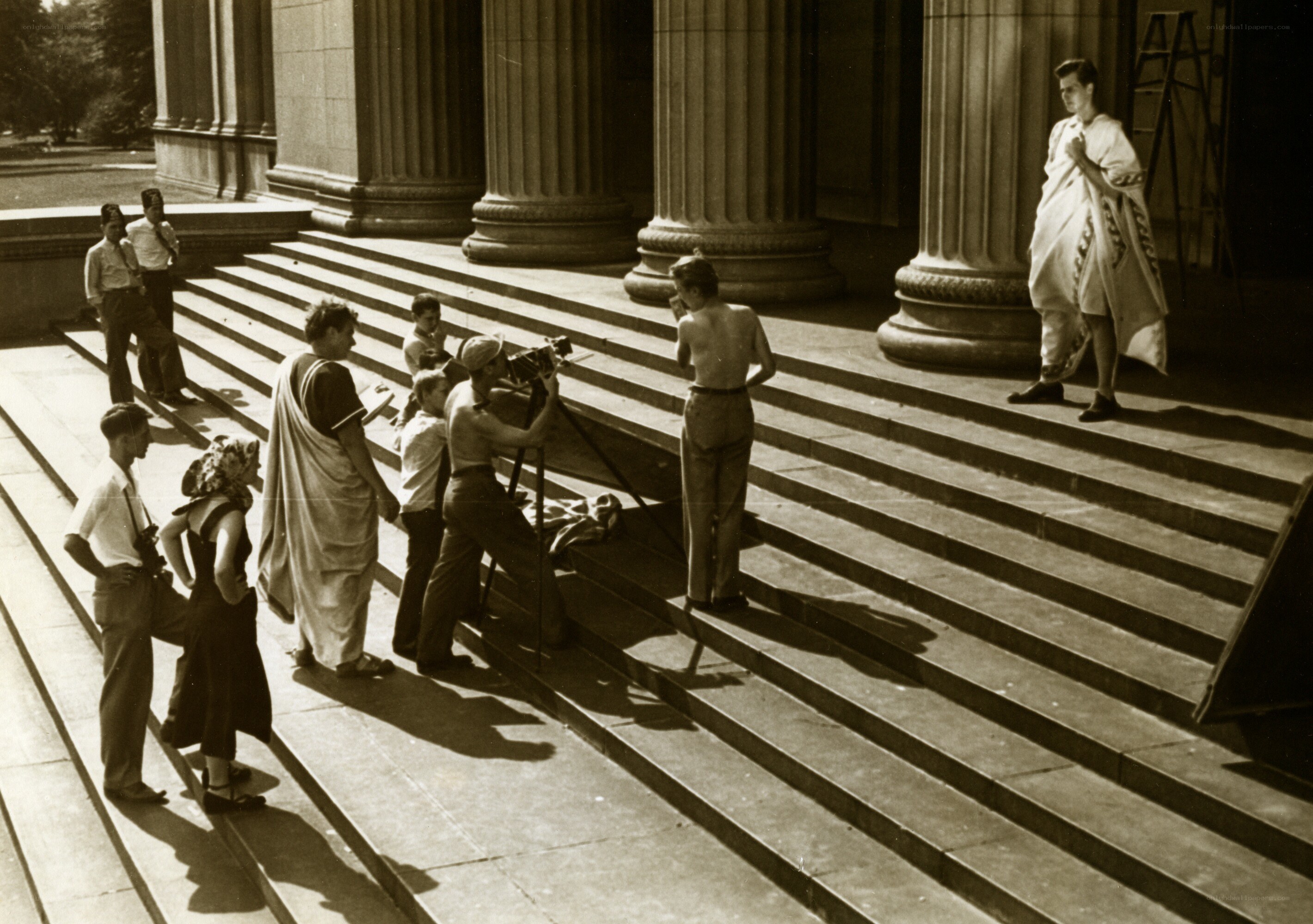 Film crew on steps