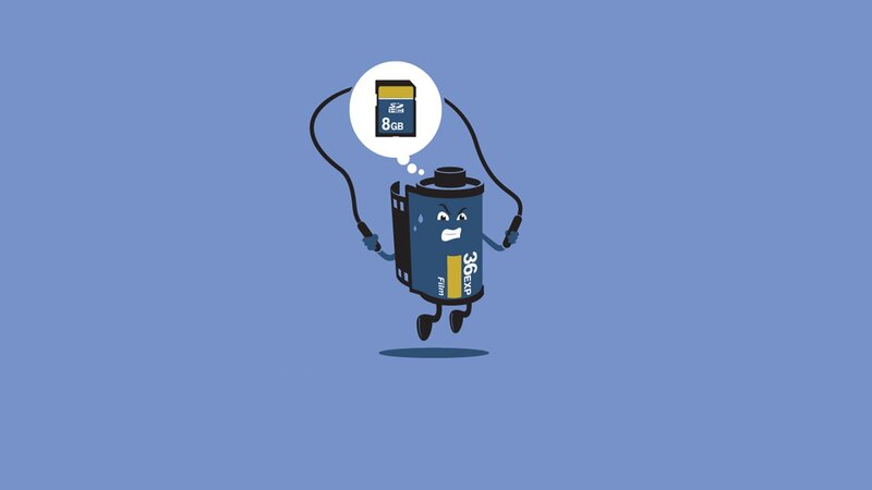 Film reel character thinking about SD card