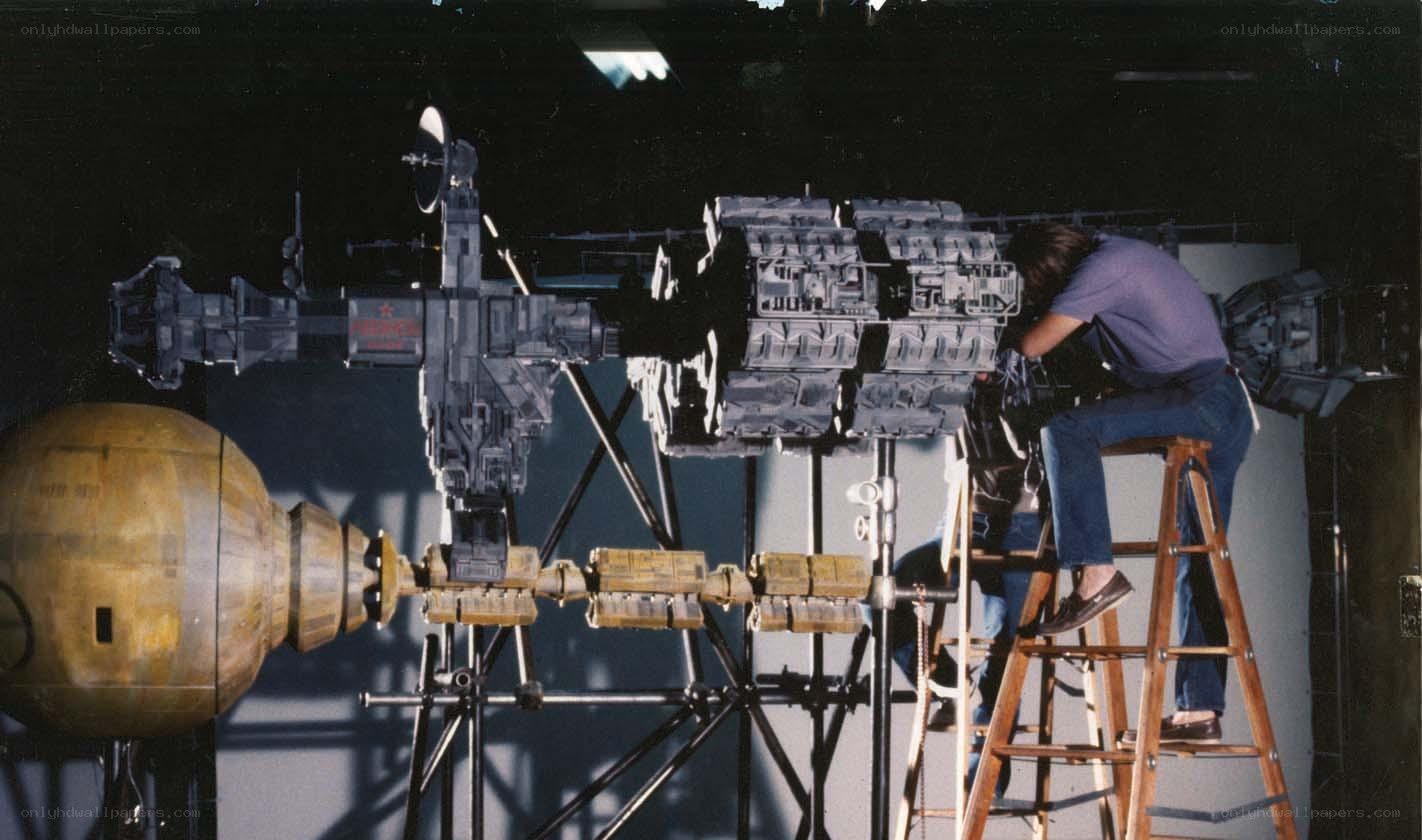 Film set with model spacecraft