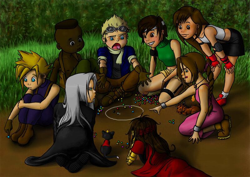 Final Fantasy characters playing marbles