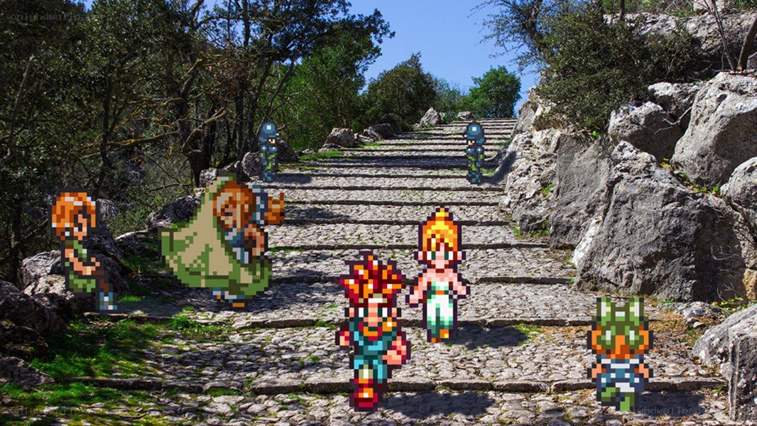 Final Fantasy IV characters on stone path