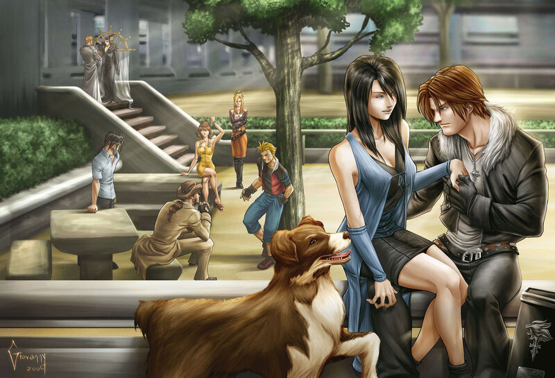 Final Fantasy VII characters in a park
