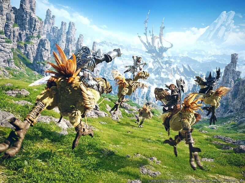 Final Fantasy XIV riders in a mountainous landscape