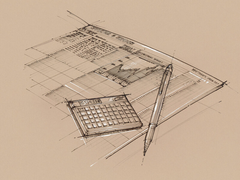 Financial sketch with calculator and pen