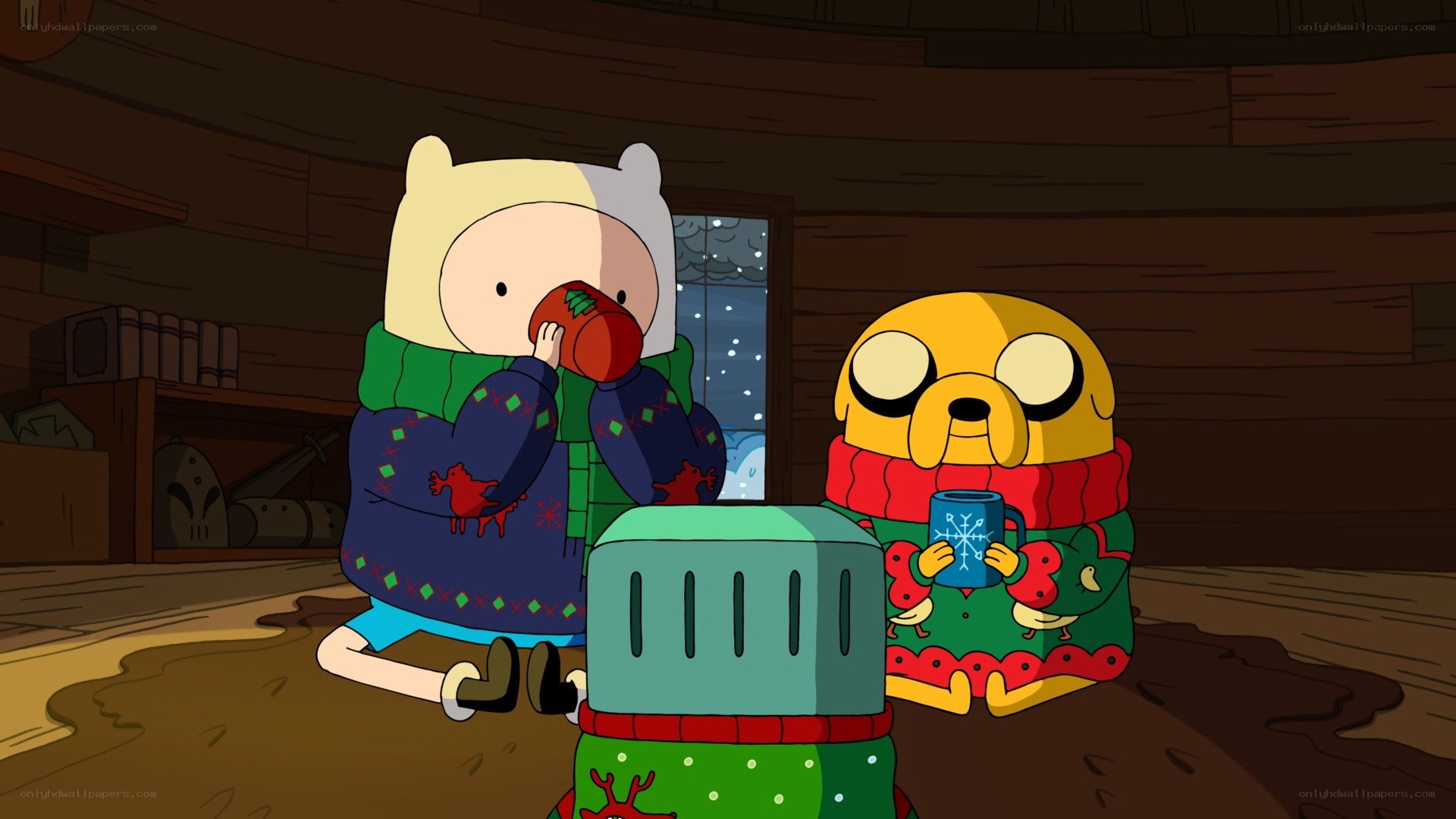 Finn and Jake in winter sweaters