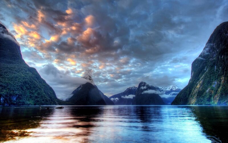 Fiord with Mountains — Blue, Dramatic, Sunset, Photograph