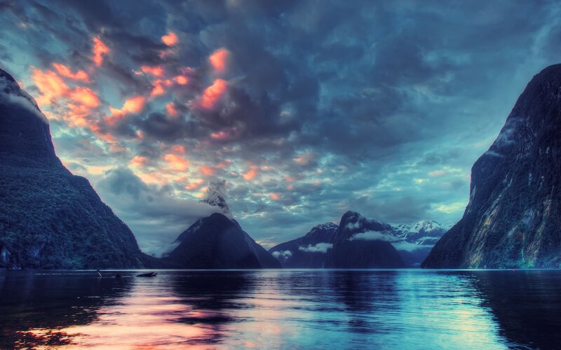 Fiord with Mountains — Blue, Dramatic, Sunset, Photograph, Water