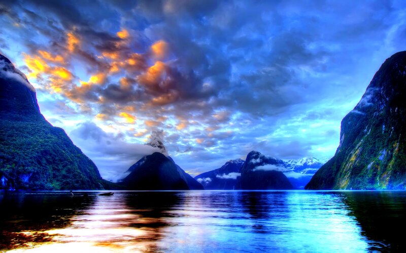 Fiord with Mountains — Blue, Dramatic