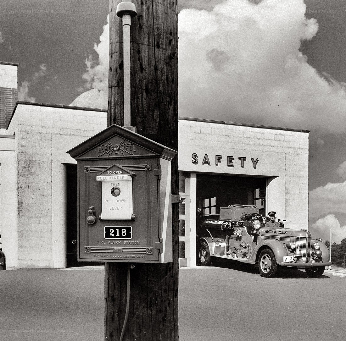 Fire alarm station with fire truck