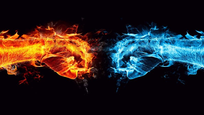 Fire and Ice Fists — Orange, Dramatic, Digital Art