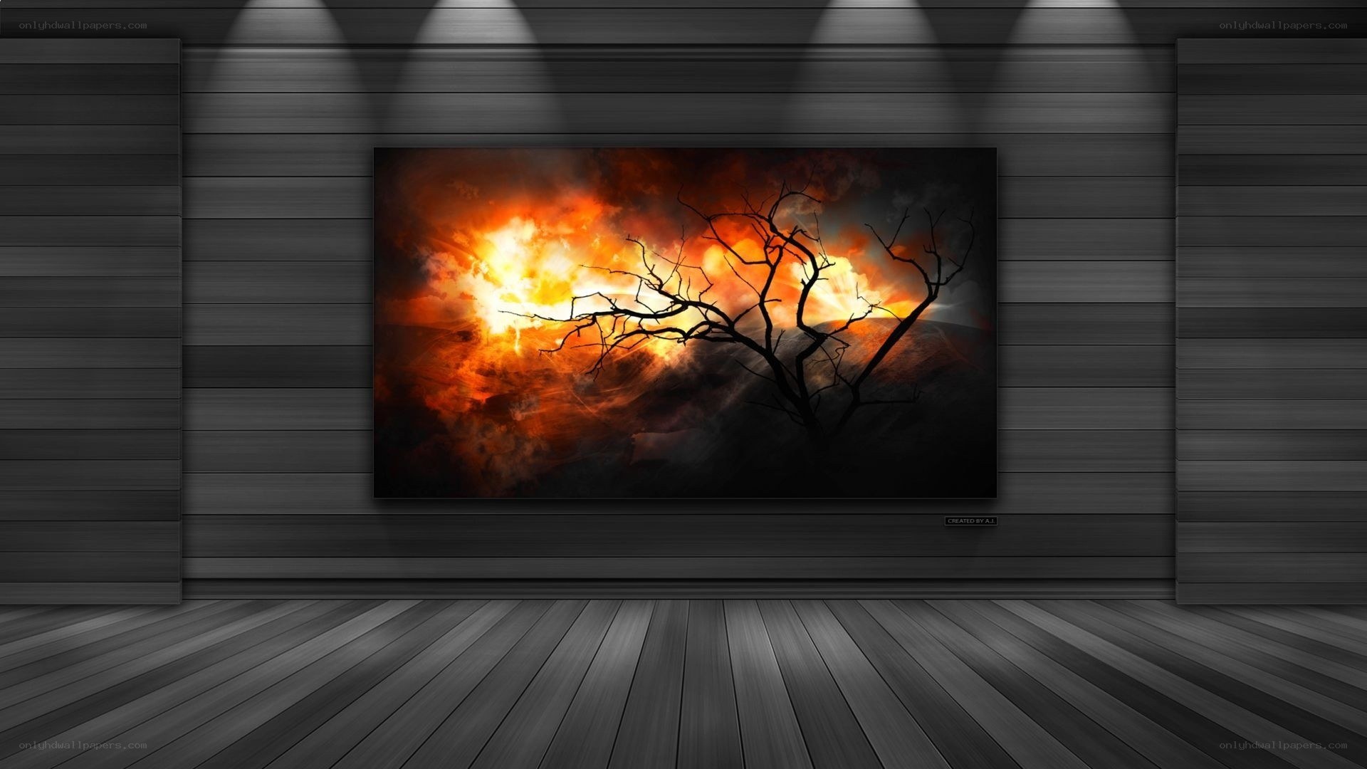 Fire and tree silhouette art
