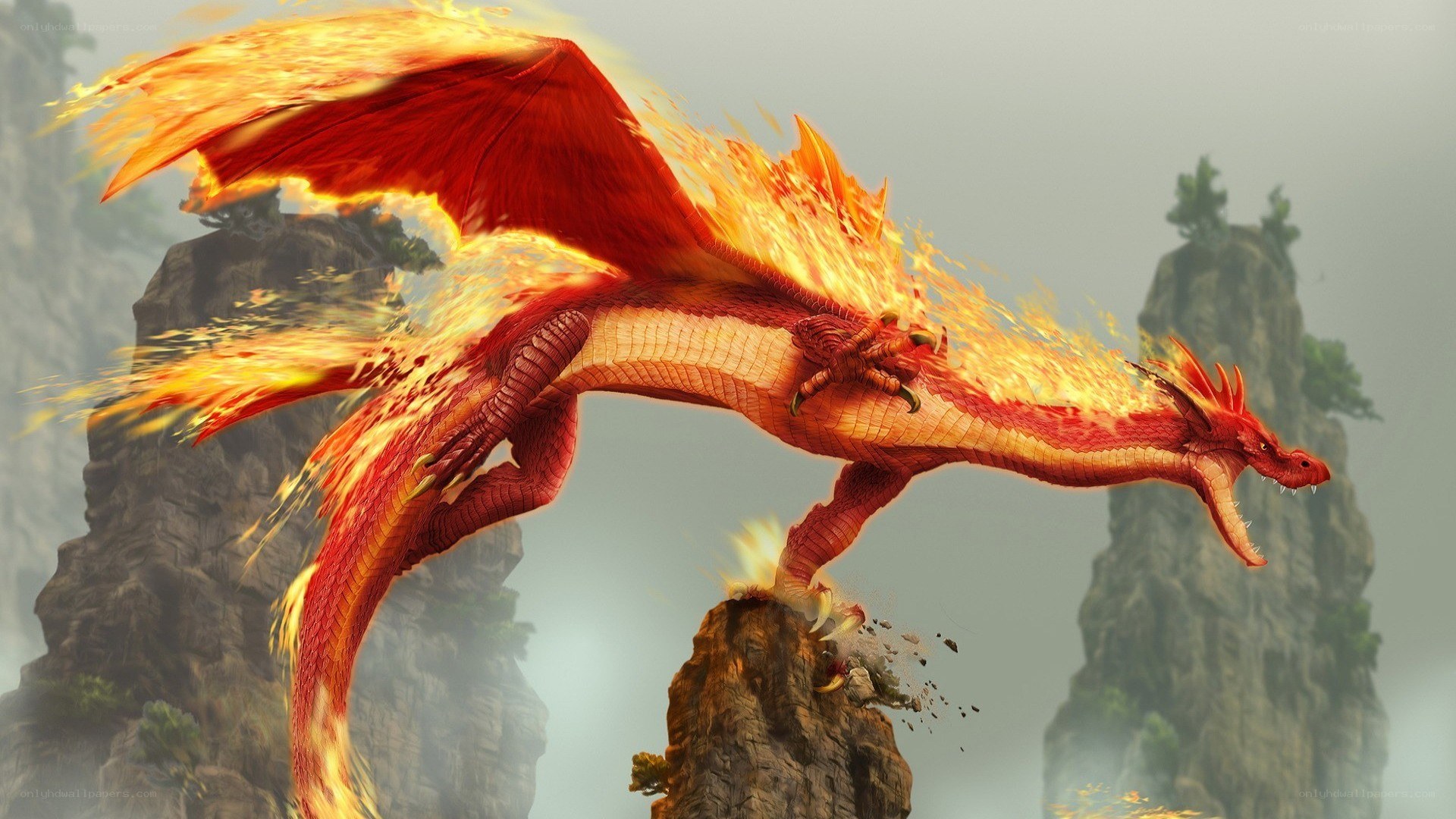 fire-breathing dragon in mountains
