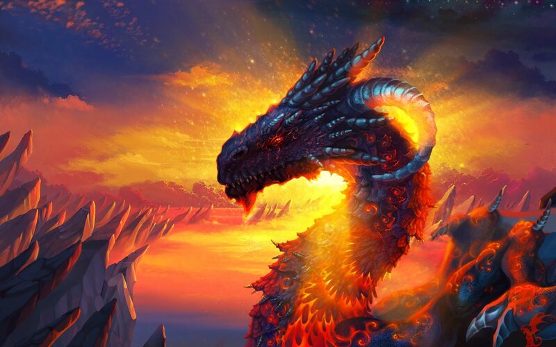 Fire-breathing Dragon — Orange, Dramatic, Sunset, Digital Art, Flames, Mountains