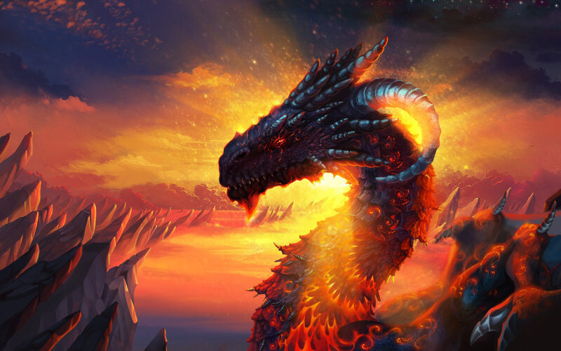 Fire-breathing Dragon — Orange, Dramatic, Sunset, Digital Art