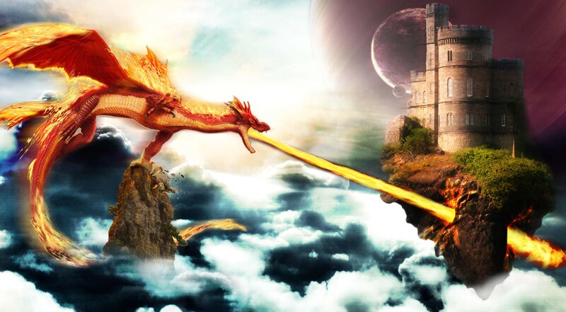 Fire-breathing Dragon — Red, Dramatic, Digital Art, Castle