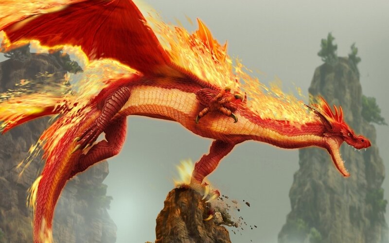 Fire-breathing Dragon — Red, Dramatic, Digital Art, Rocky Cliffs, Flames