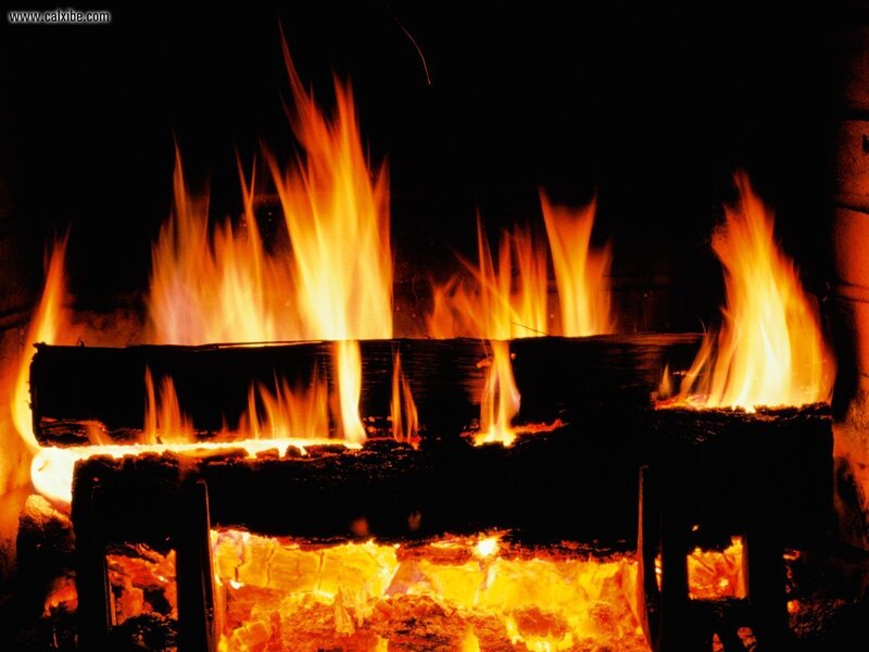 Fire Burning in Fireplace — Night