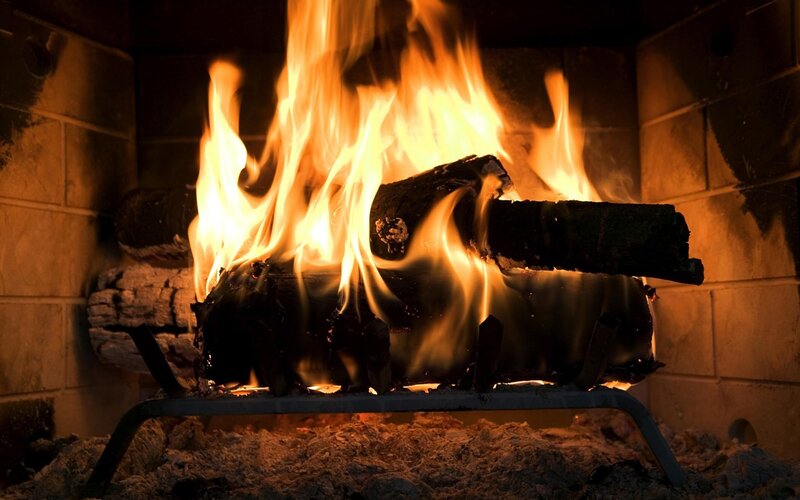Fire Burning in Fireplace — Orange, Warm, Night, Photograph, Logs, Ash, Black