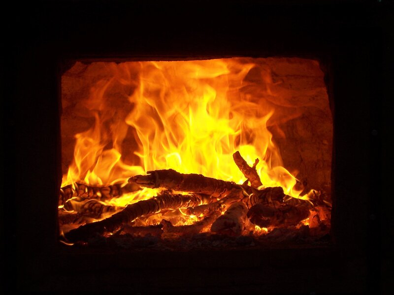 Fire Burning in Fireplace — Orange, Warm, Night, Photograph, Logs, Ash, Yellow