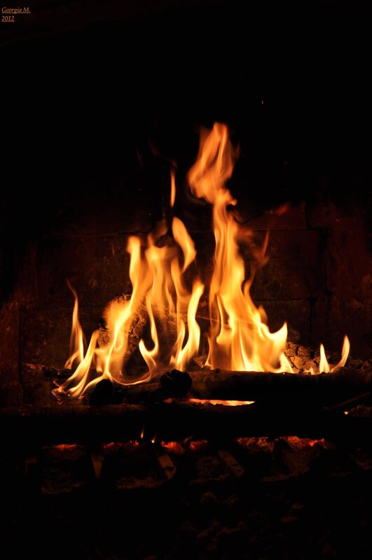 Fire Burning in Fireplace — Orange, Warm, Night, Photograph, Logs, Brick