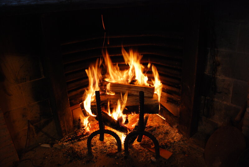 Fire Burning in Fireplace — Orange, Warm, Night, Photograph, Logs, Fire Irons